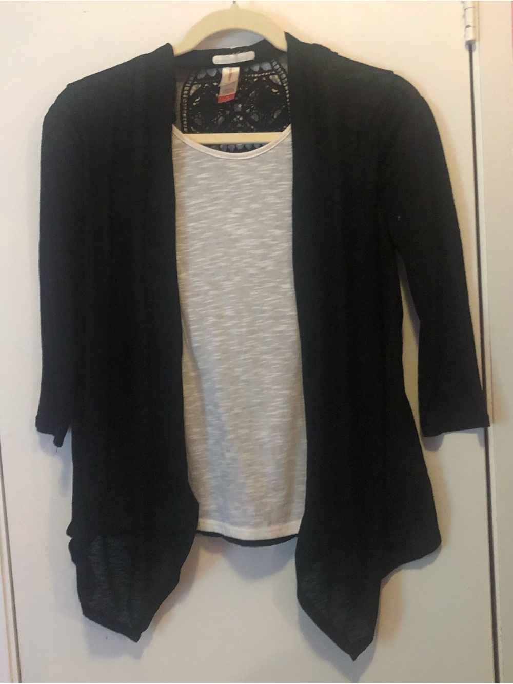 No Boundaries Black Open-Front Cardigan with White Layered Tee M
